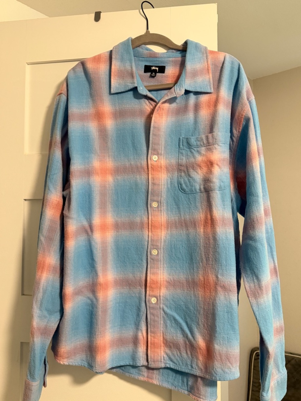 Stussy Blue & Pink Plaid Long-Sleeve Button-Up Shirt
